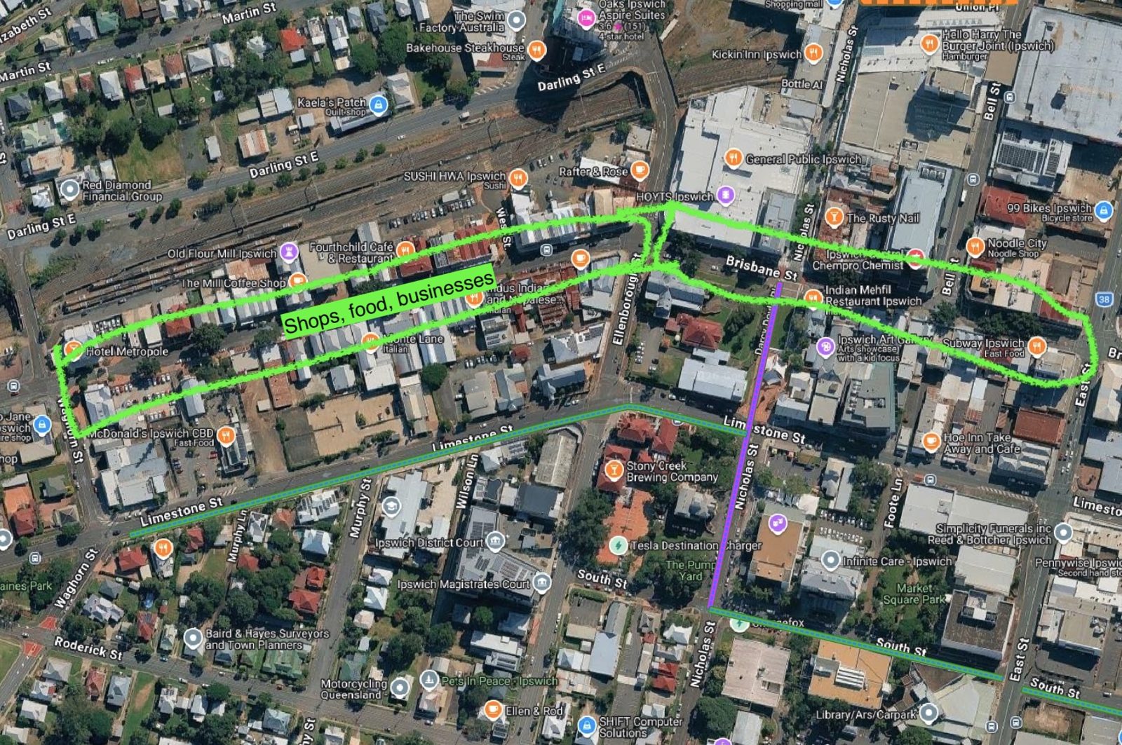 Brisbane Street, Ipswich, looking along four lanes of traffic